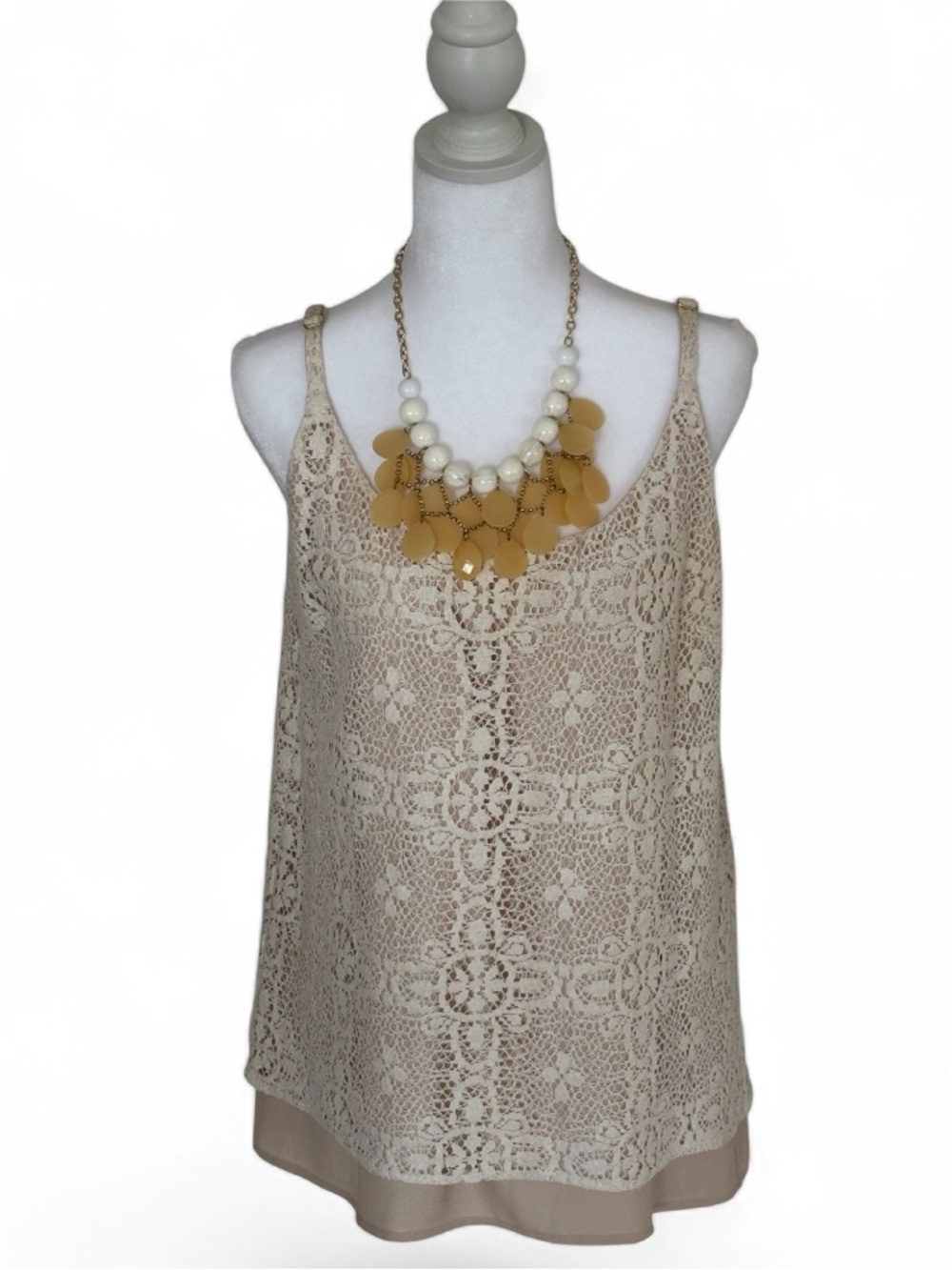 Cabi Cami Cream Crochet Lace Tank Camisole with Beaded Boho Triple Strand